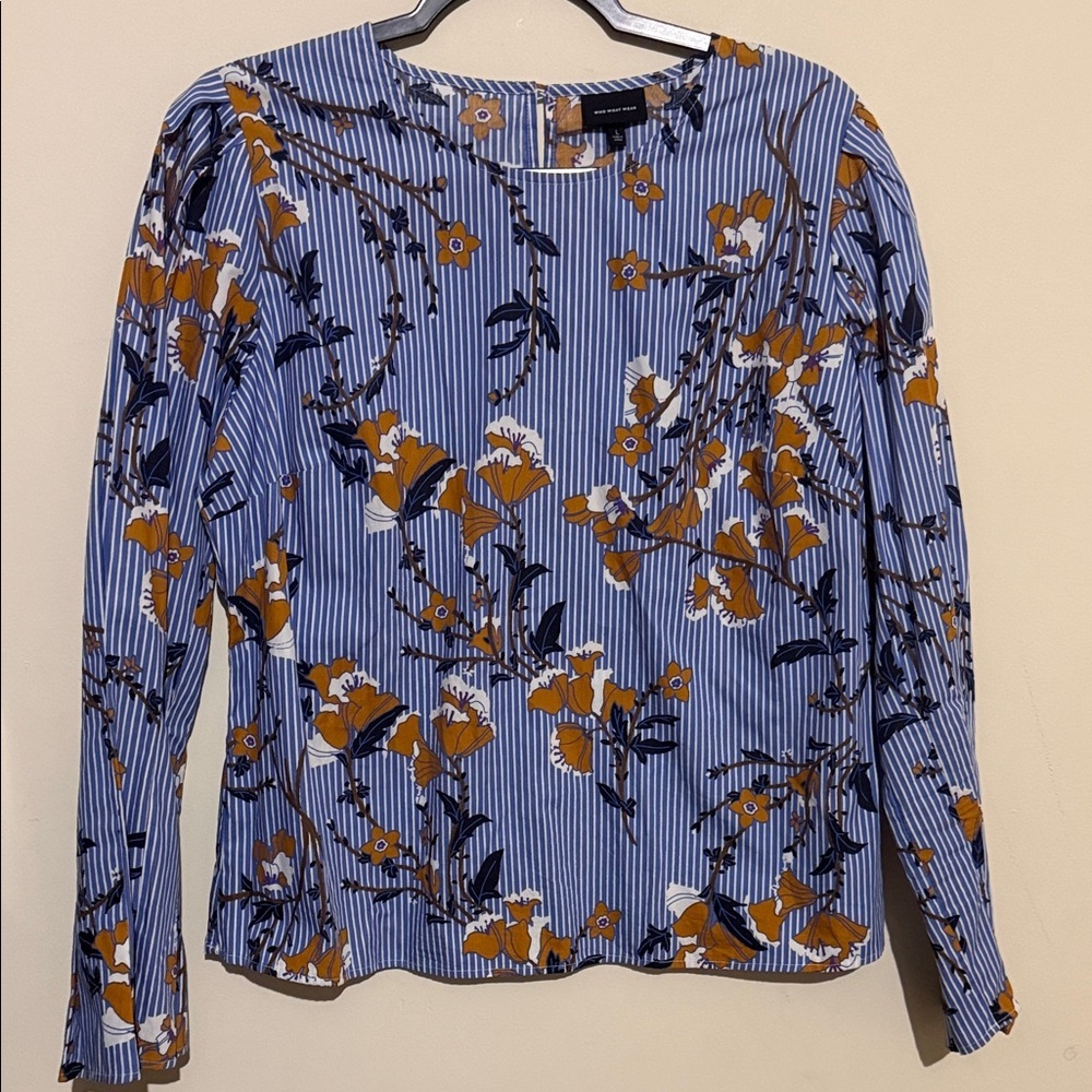 Who What Wear Blue Striped Floral Long-Sleeve Top - Picture 2 of 7